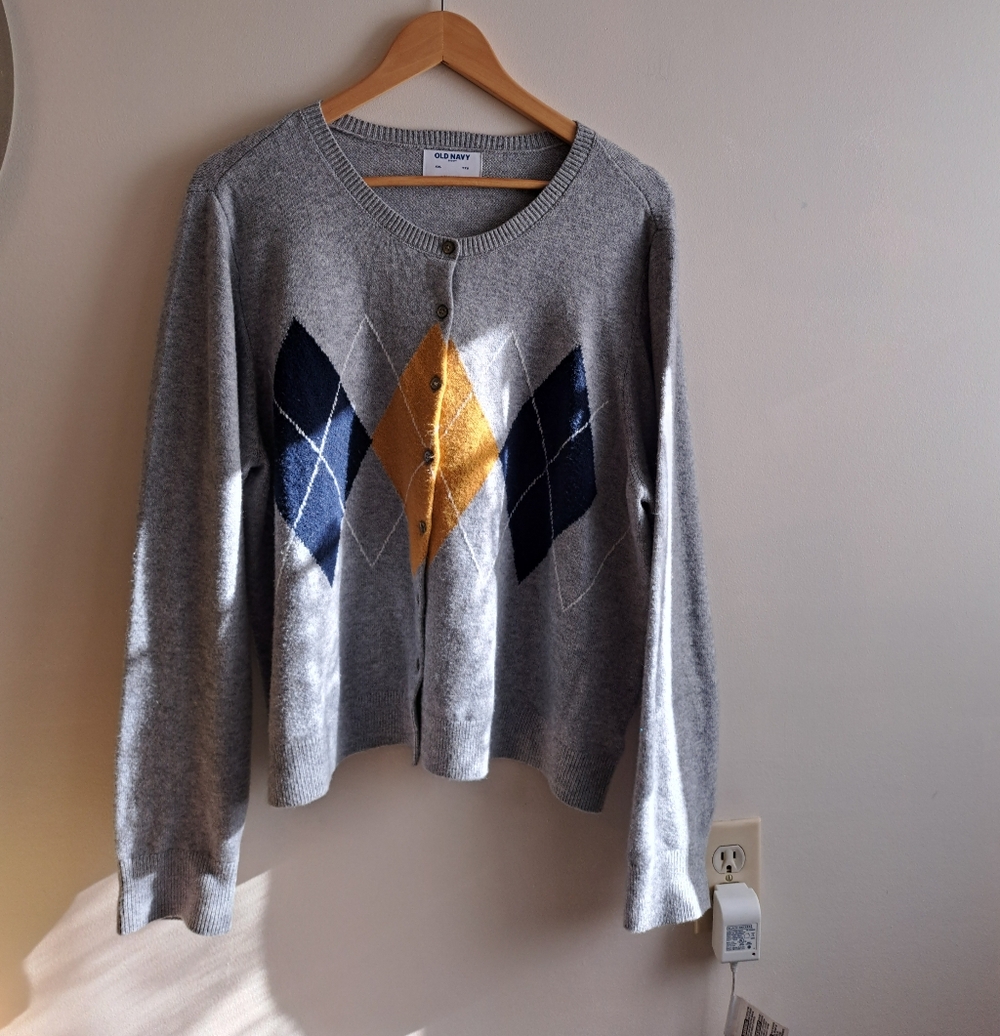 Old Navy Gray Cardigan with Navy and Gold Argyle